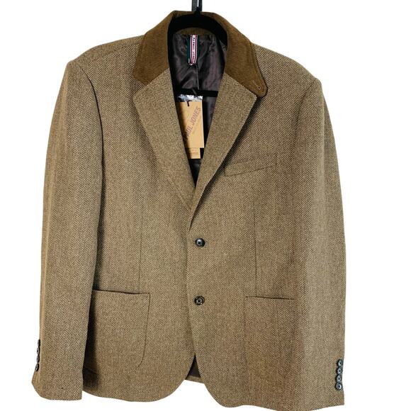 Paul Jones Sz M Wool Herringbone Sport Coat Blazer Jacket Brown Corduroy Collar - Picture 1 of 14